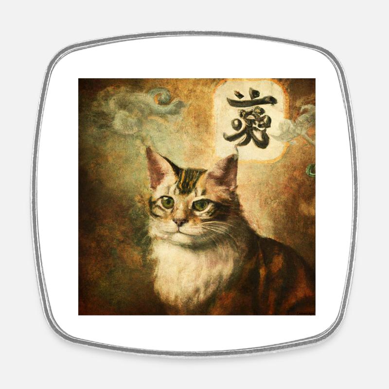 Chat avec caractères chinois, Baroque 2 - Magnet carré - blanc