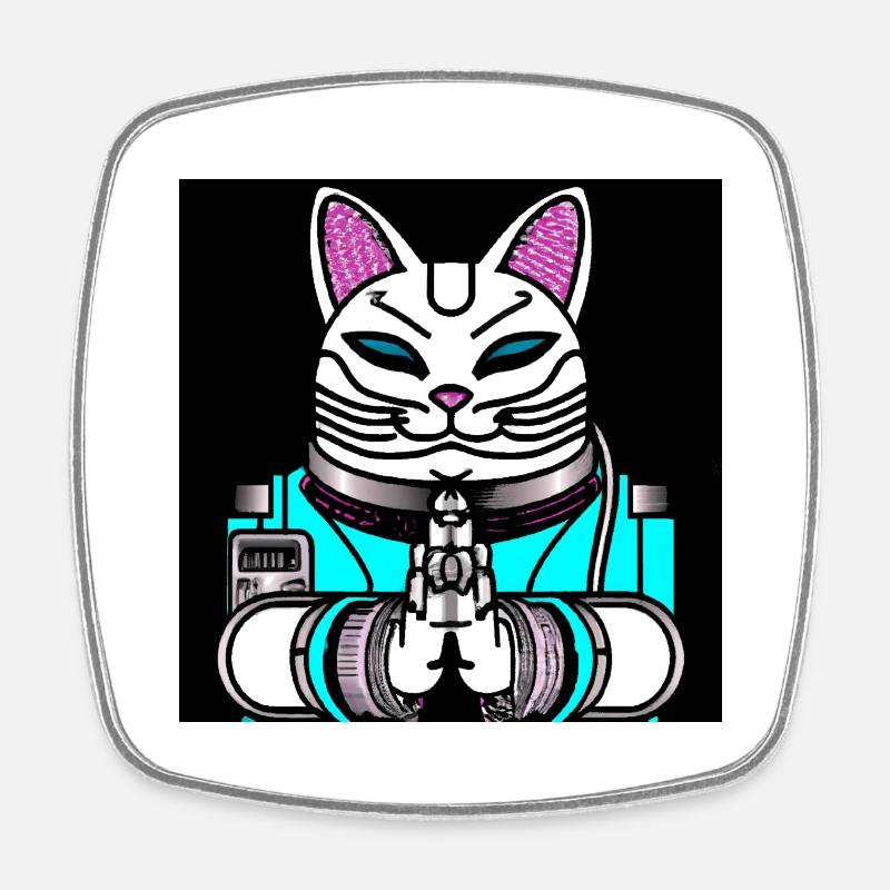 Cyborg Maneki Neko Chat - Magnet carré - blanc