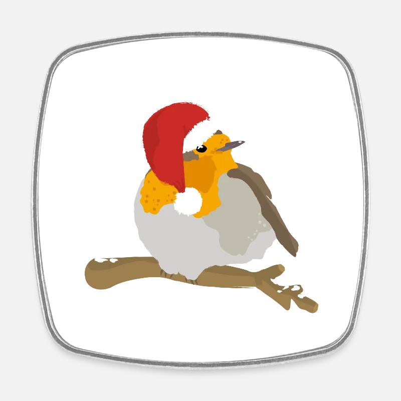 Robin with Christmas hat - Square fridge magnet - white