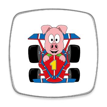 SCHWEIN - AUTO - RENNWAGEN - AUTORENNEN - TIER - Viereckiger Kühlschrankmagnet - Weiß - Vorne