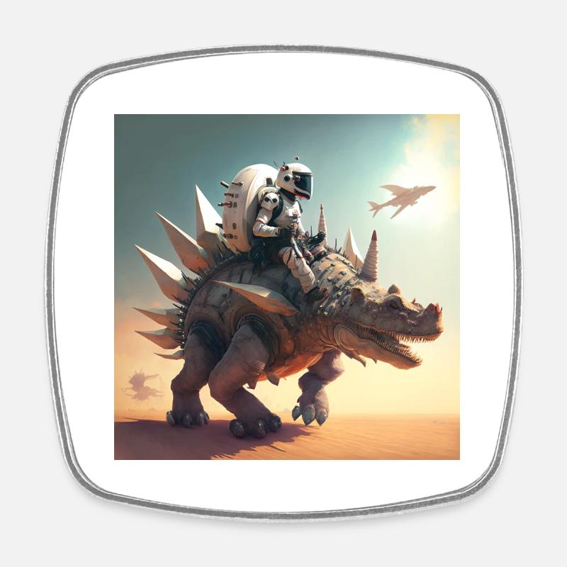 Astronaut riding robotic stegosaurus - Square fridge magnet - white