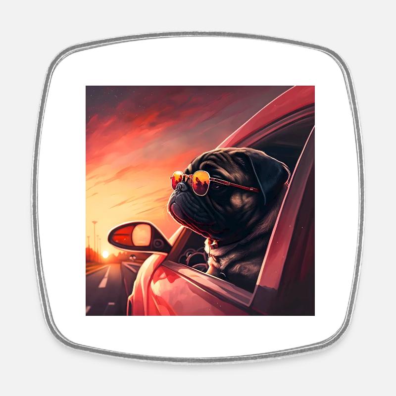 Freiheit & Abenteuer mit dem Mops im Oldtimer - Viereckiger Kühlschrankmagnet - Weiß
