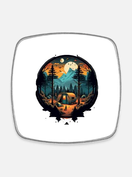 Camping adventure at the foot of a mountain - Square fridge magnet - white