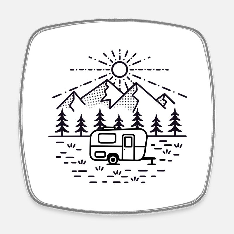 Mountains with camper in monoline design (day/black) - Square fridge magnet - white