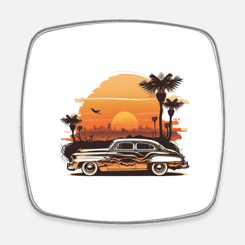 car in retro sunset - Square fridge magnet - white