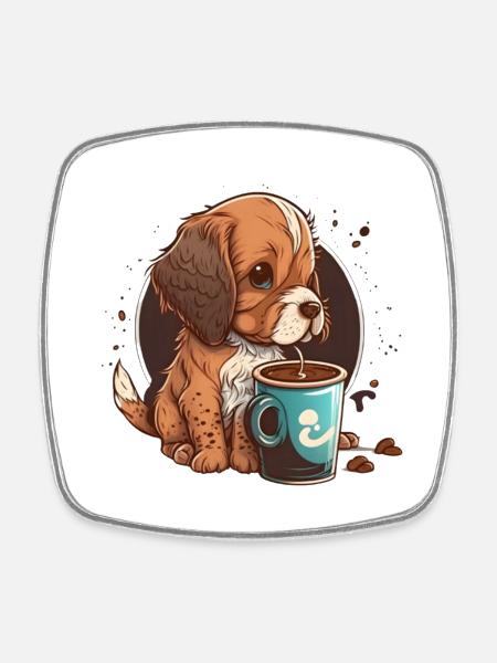 Cute Dog Drinking Coffee - Square fridge magnet - white