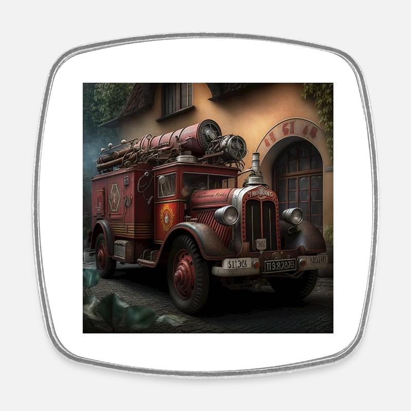 Old fire engine in front of the fire station - Square fridge magnet - white