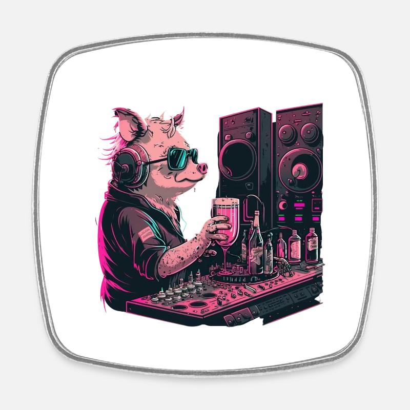 Cool DJ pig avec de la bière - Magnet carré - blanc