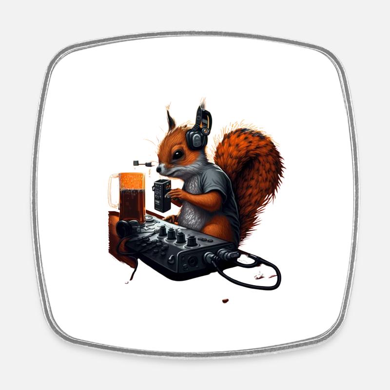 Techno DJ Squirrel with Beer - Square fridge magnet - white