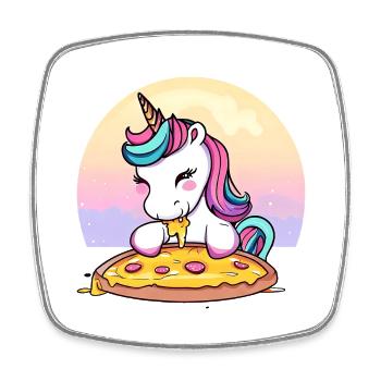 Einhorn isst Pizza im Sonnenuntergang - Viereckiger Kühlschrankmagnet - Weiß - Vorne