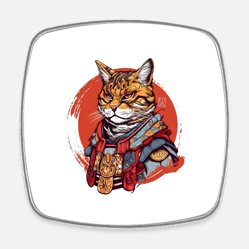 Chat samouraï - Magnet carré - blanc