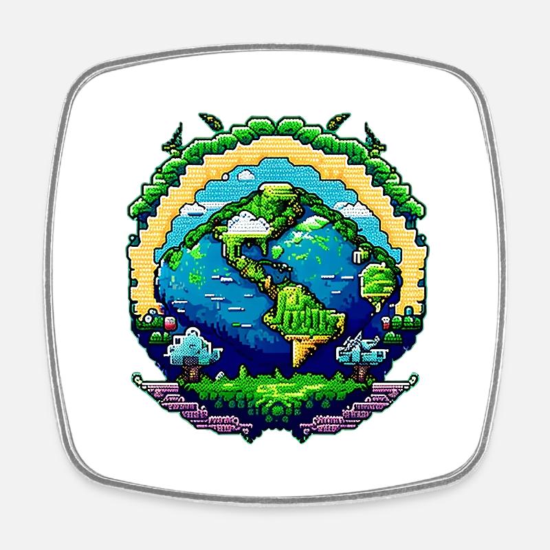 Globe en pixel art - Magnet carré - blanc