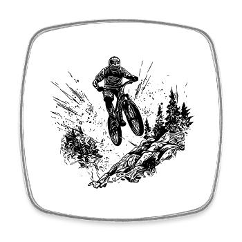 Mountain bikers with bike up the mountain - Square fridge magnet - white - Front