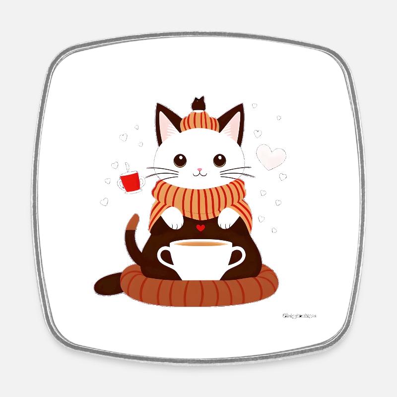 Cat with tea in its paws - Square fridge magnet - white
