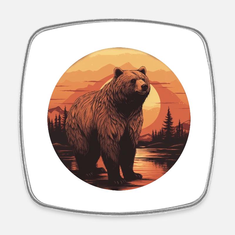 Retro sunset bear in Canadian forest - Square fridge magnet - white