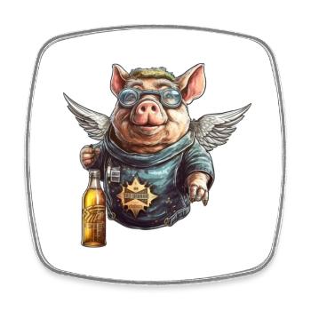 Fliegendes Schwein mit Bier - Lustig und Frech - Viereckiger Kühlschrankmagnet - Weiß - Vorne
