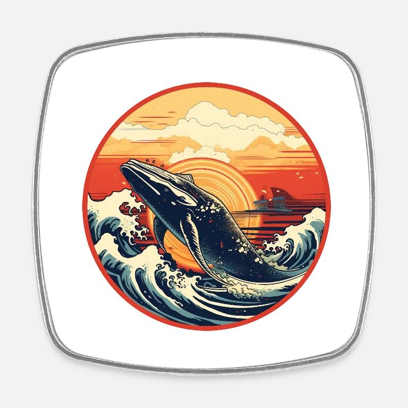 Whale Ukiyo-e 2 - Square fridge magnet - white