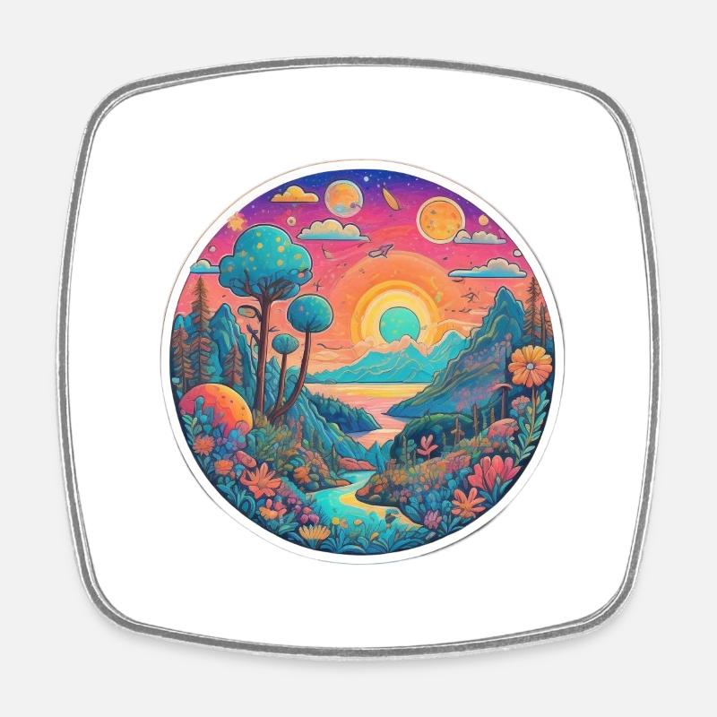 nice summer view, water flow with sun and mountain - Square fridge magnet - white