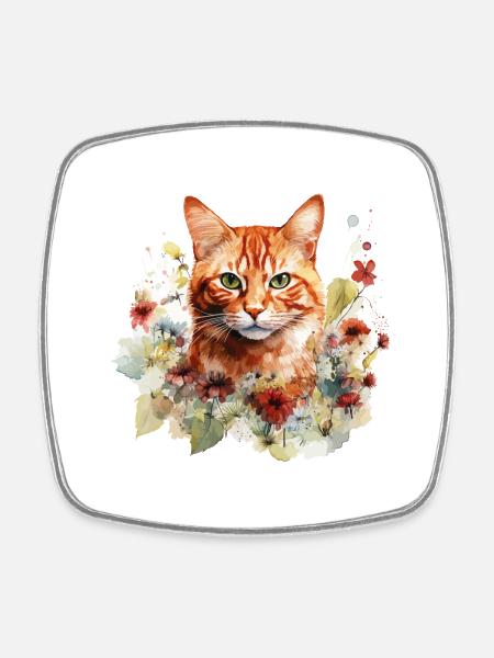 Red Cat Tiger Cat Fleurs Aquarelle Art Coloré - Magnet carré - blanc