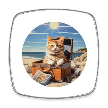 Cute cat goes on a summer beach holiday by the sea - Square fridge magnet - white - Front
