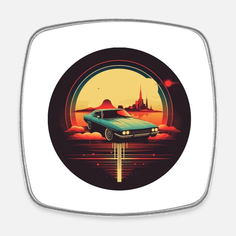 Futuristic Nostalgia - Retro Car - Square fridge magnet - white