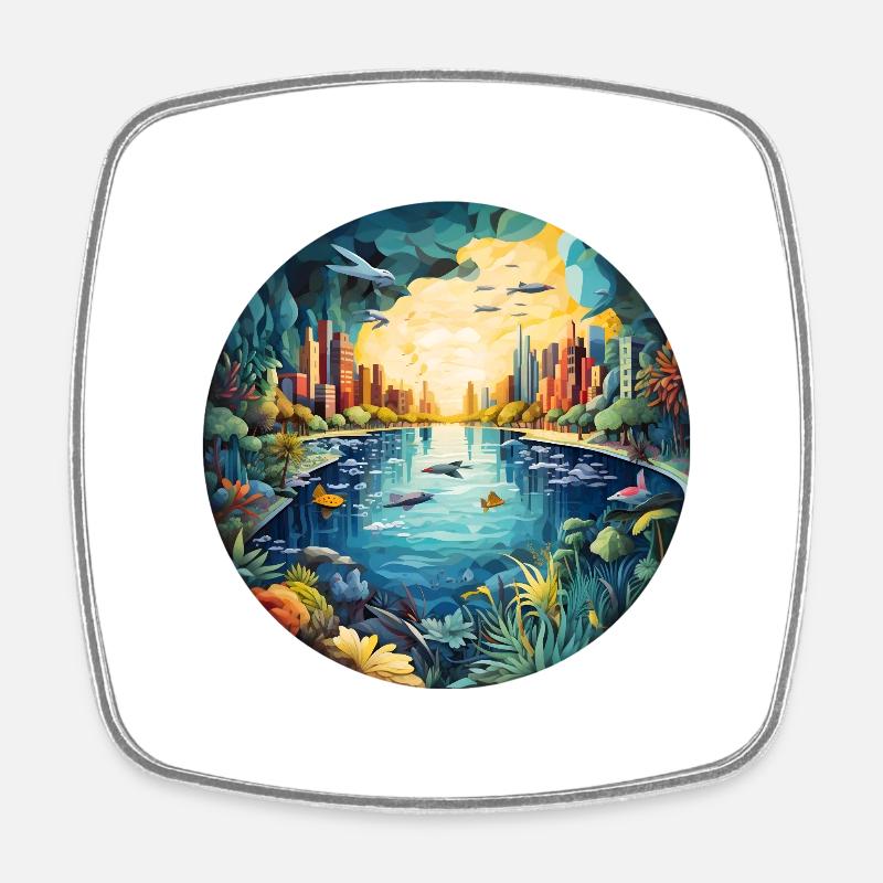 Fantastic underwater city - Square fridge magnet - white