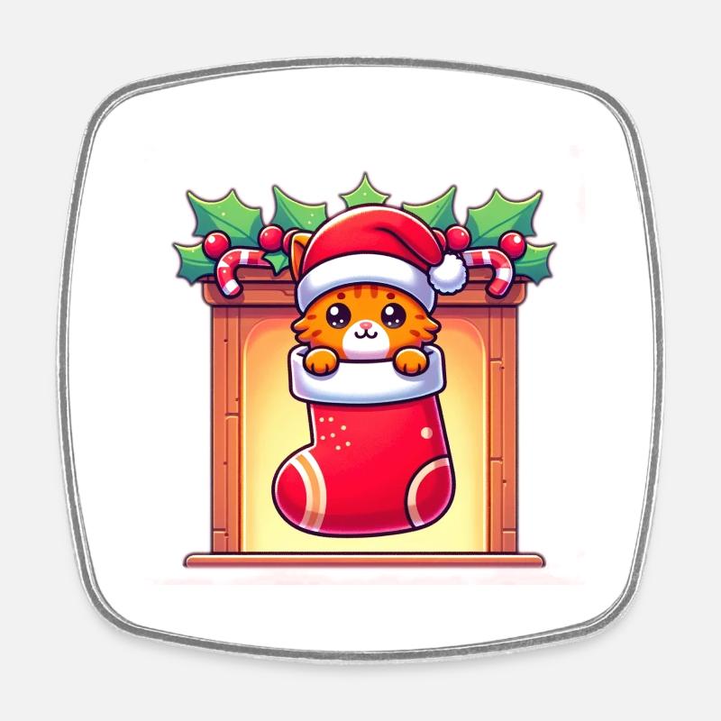 Chaton roux mignon dans une chaussette de Noël - Magnet carré - blanc