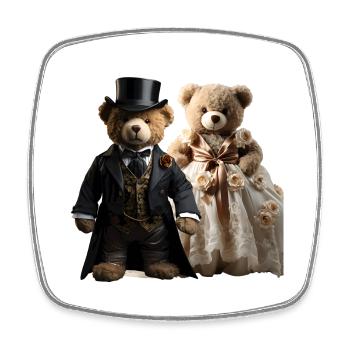 Deux ours en peluche heureux dans des vêtements de mariage - Magnet carré - blanc - Devant