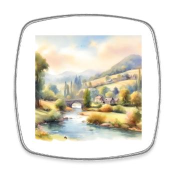 Watercolor Painting Landscape with Village and Bridge - Square fridge magnet - white - Front