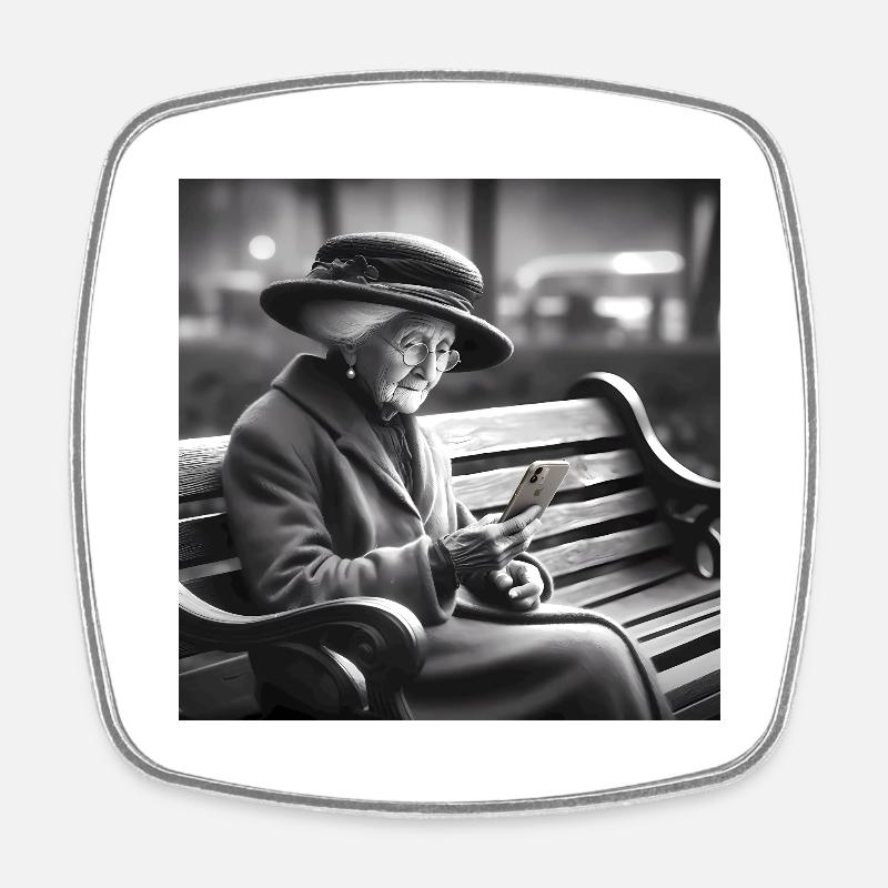 Granny with smartphone - Square fridge magnet - white