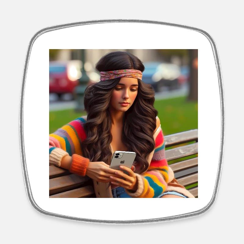 80s young woman using on park bench with smartphone - Square fridge magnet - white
