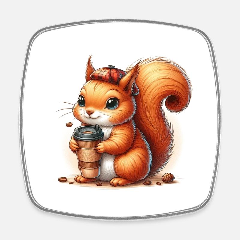 Squirrel with coffee to go - Square fridge magnet - white