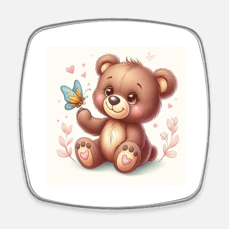 Ourson mignon avec papillon - Magnet carré - blanc