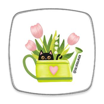 Spring Frühling Schwarze Katze mit Blumen - Viereckiger Kühlschrankmagnet - Weiß - Vorne
