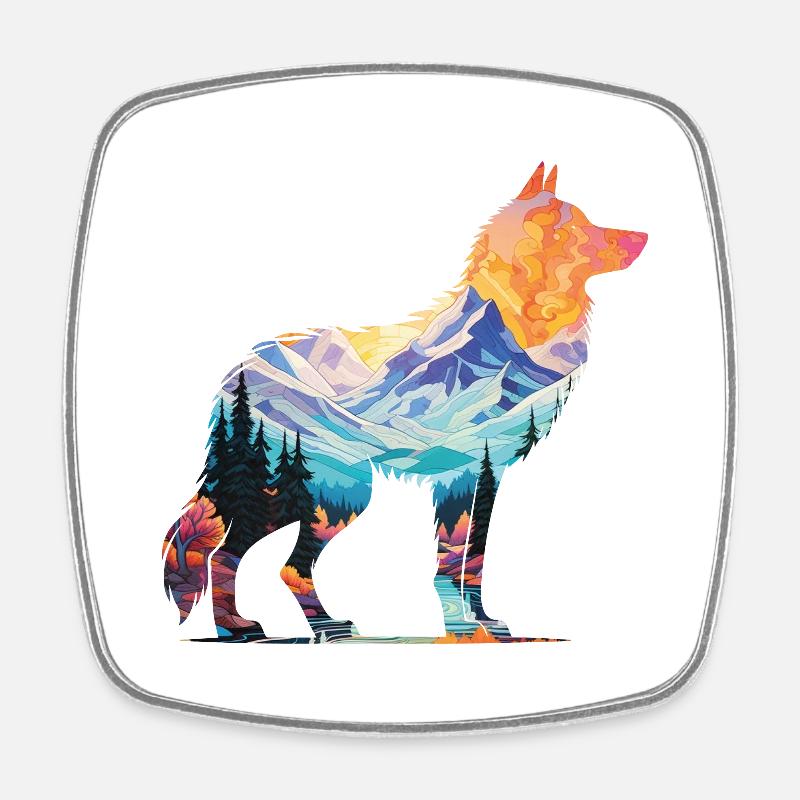 Wolf silhouette landscape art deco - Square fridge magnet - white