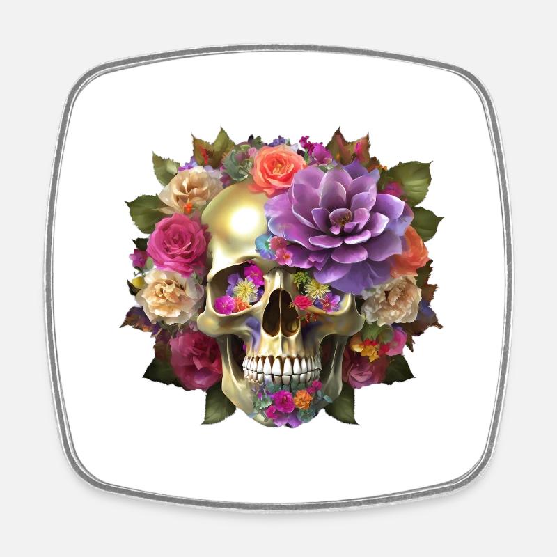 Crâne avec des fleurs - Magnet carré - blanc
