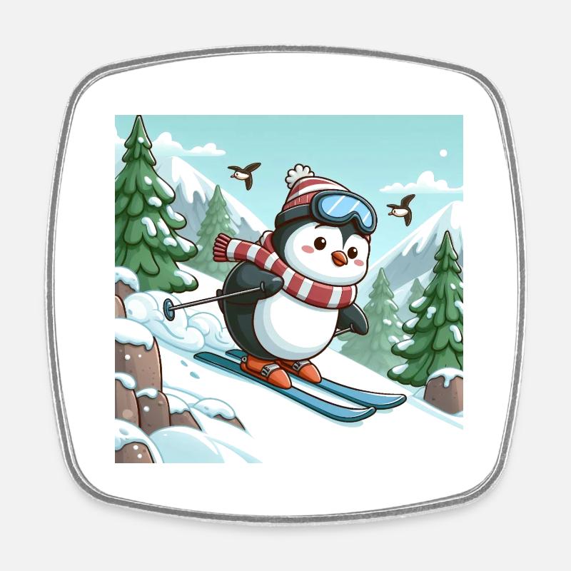 Pingouin de ski - Magnet carré - blanc