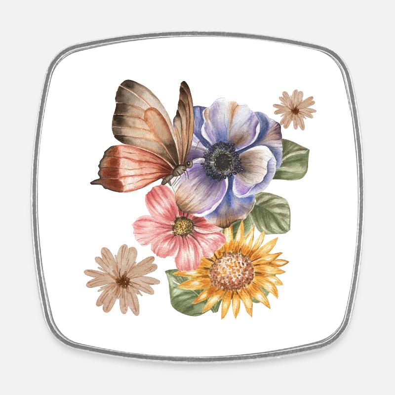 FLEURS & PAPILLON - Magnet carré - blanc