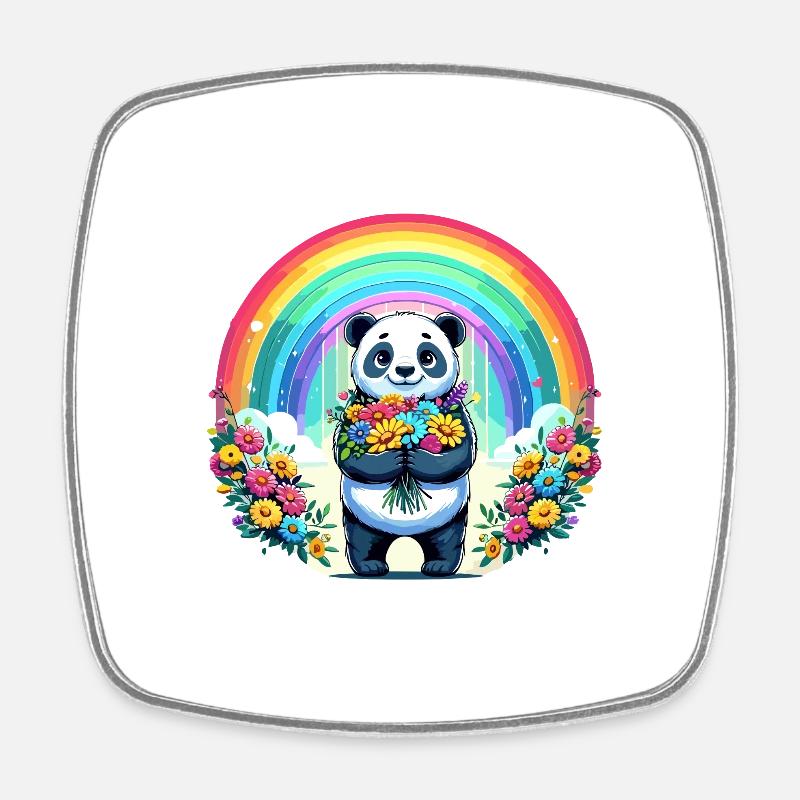 Cute panda in front of a rainbow with flowers - Square fridge magnet - white