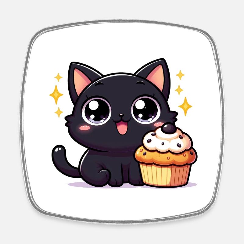 Sweet Kitty Black with Big Eyes and Cupcake - Square fridge magnet - white