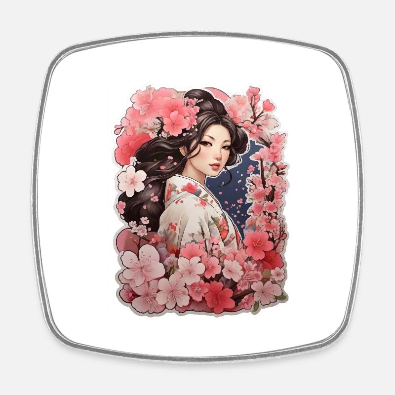 Woman in kimono with cherry and plum patterns - Square fridge magnet - white