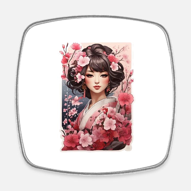 Woman in kimono with cherry and plum patterns - Square fridge magnet - white