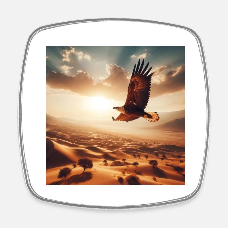 A majestic eagle soaring above the desert A - Square fridge magnet - white