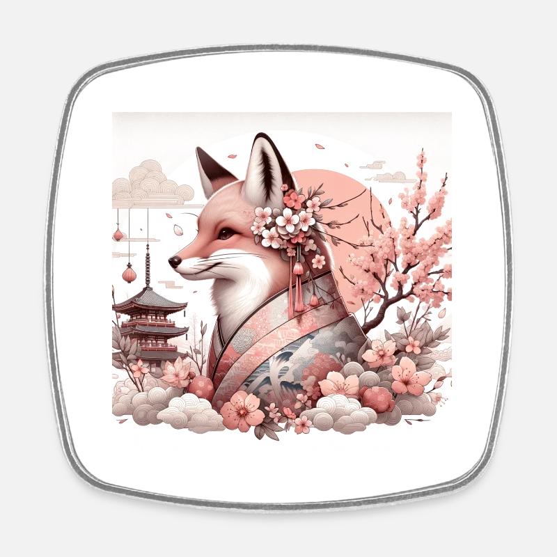 Japanese-style stylized fox - Square fridge magnet - white
