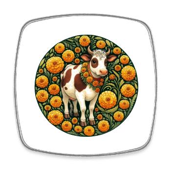 Ringelblumen-Kuh - Viereckiger Kühlschrankmagnet - Weiß - Vorne