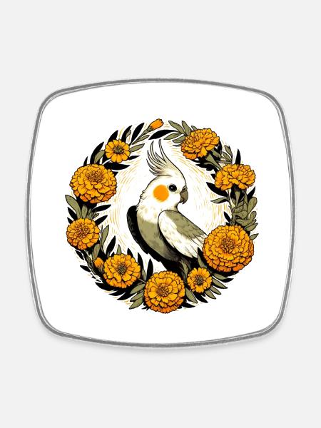 Ringelblumen-Nymphensittich - Viereckiger Kühlschrankmagnet - Weiß