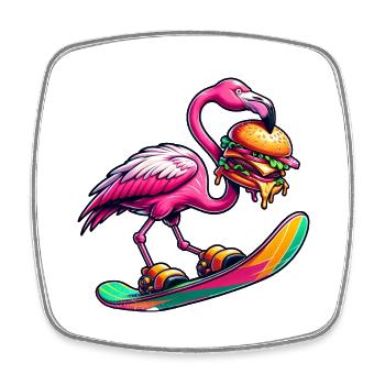 Flamingo Snowboarder with Burger - Square fridge magnet - white - Front