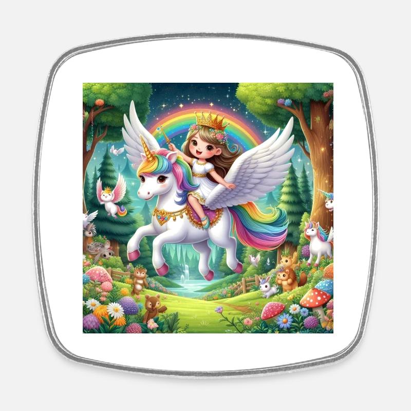 Princess on a Flying Unicorn - Square fridge magnet - white