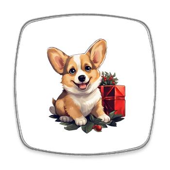 Christmas Happy Corgi with holly and gift - Square fridge magnet - white - Front
