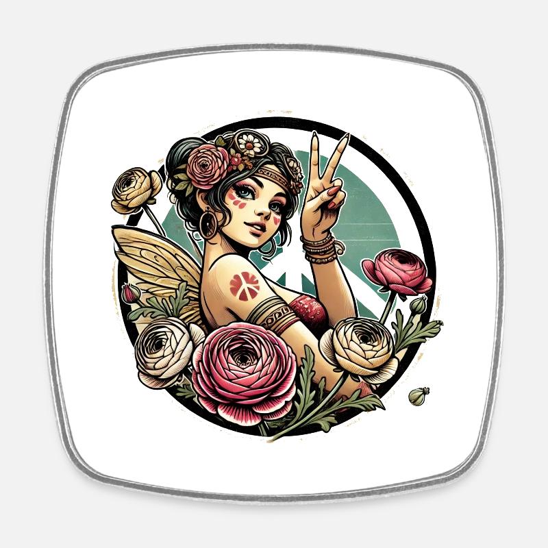 Fée hippie - Magnet carré - blanc